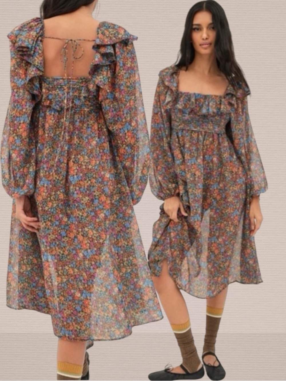 For Love & Lemons Brittany Floral Print Long Sleeve Midi Maxi Ditsy Boho Dress